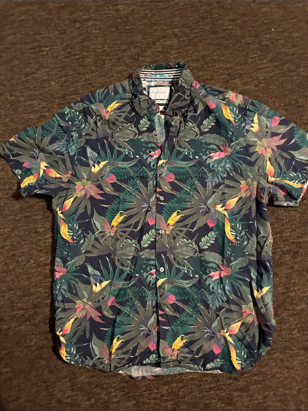 Cactus Navy Tropical Leaf & Parrot Short-Sleeve Button-Down Shirt